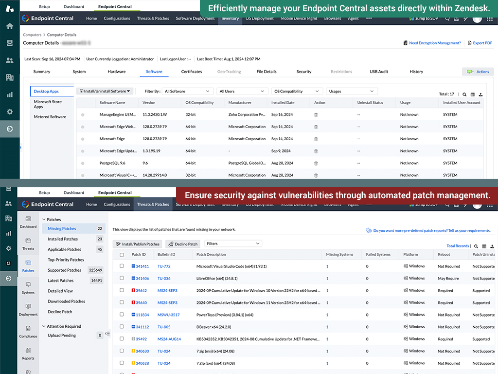 Endpoint Central dashboard view — Security, Risk and Compliance app on the Zendesk Marketplace